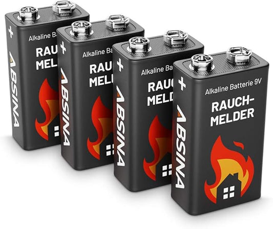 ABSINA 9V Block Batterien 4er Pack Alkaline langlebig für Rauchmelder, Bewegungsmelder & CO-Melder - Modell 401005-4