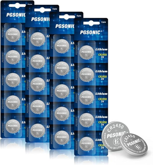PGSONIC CR2450 Lithium Knopfzellen 3V 20er Pack, 5 Jahre Haltbarkeit, auslaufsicher für flammenlose Kerzen, Fernbedienungen & Smart Devices