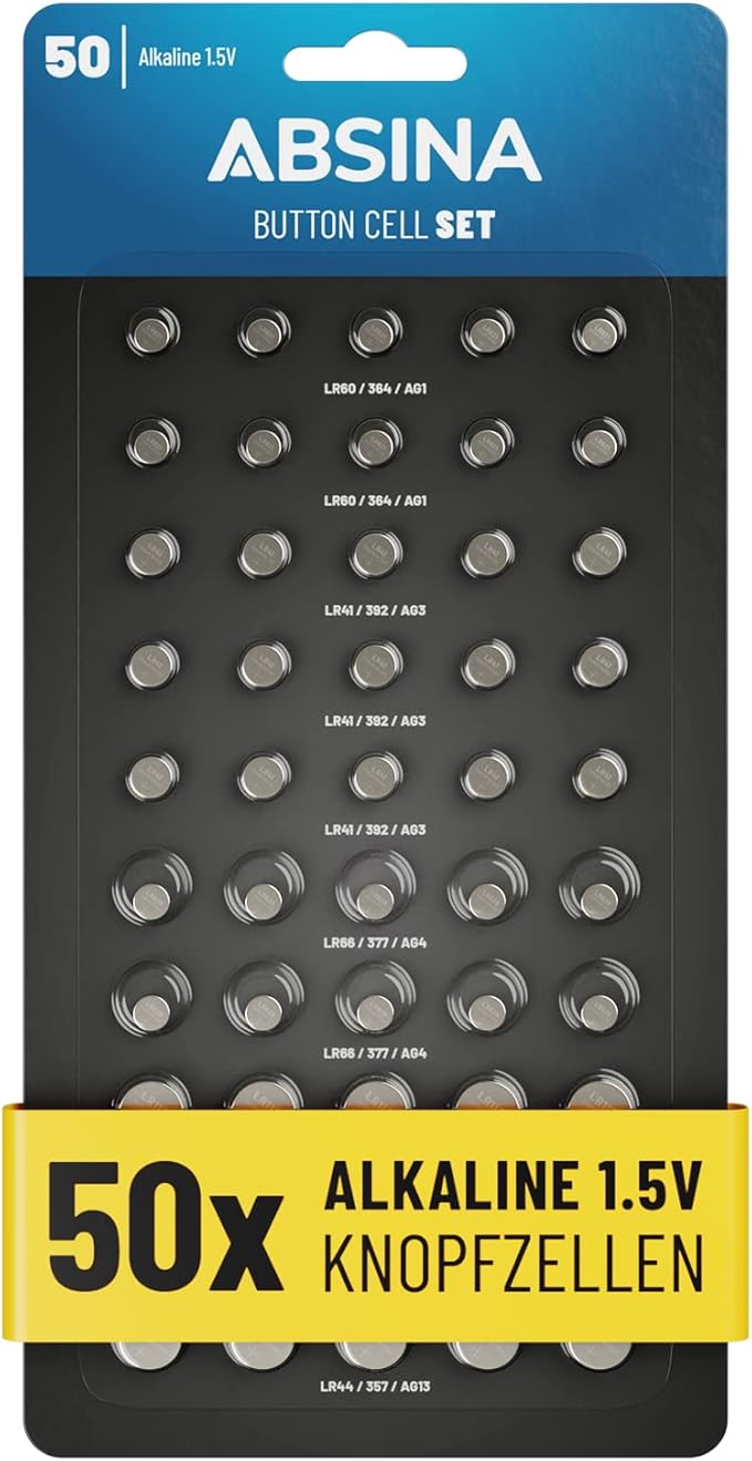 ABSINA 50er Pack Alkaline Knopfzellen Sortiment - 10x AG1, 15x AG3, 10x AG4, 10x AG10, 5x AG13 - 1,5V Batterien Set auslaufsicher