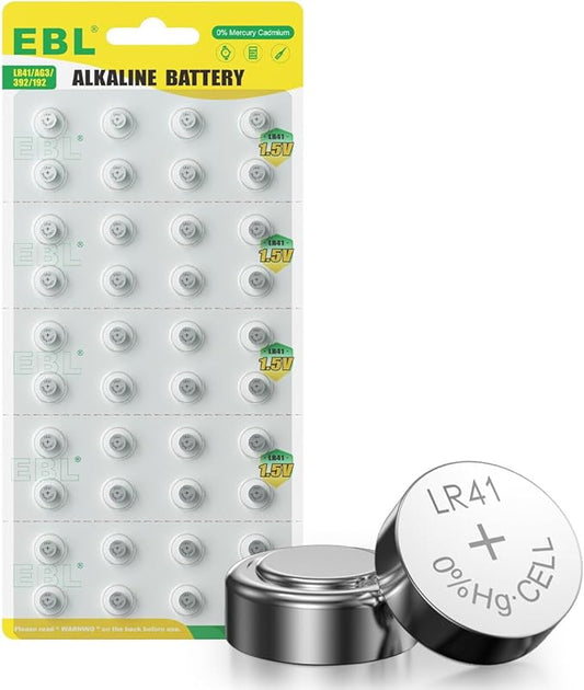 EBL LR41 Knopfzellen 40 Stück Alkaline 1,5V AG3/G3A/192/392/LR736 für Uhren, Taschenrechner, Fernbedienungen, Spielzeug