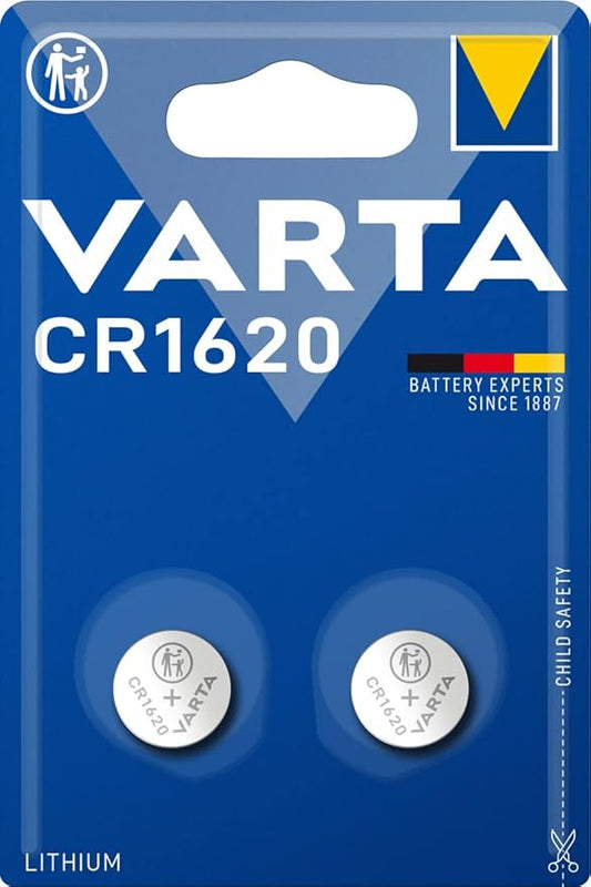 VARTA CR1620 Knopfzellen Batterien 2er Pack, 3V Lithium für Autoschlüssel, Fernbedienungen & Waagen, kindersicher – 6620101402