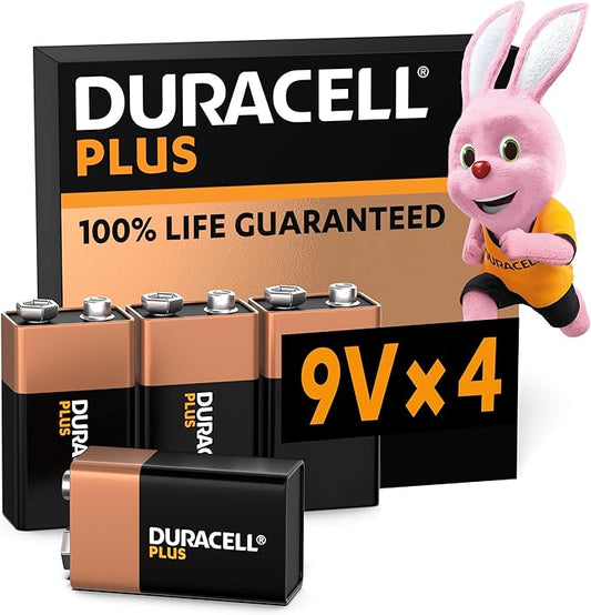Duracell Plus 9V Blockbatterie 6LR61, 4 Stück für Rauchmelder & Feuermelder mit Auslaufschutz