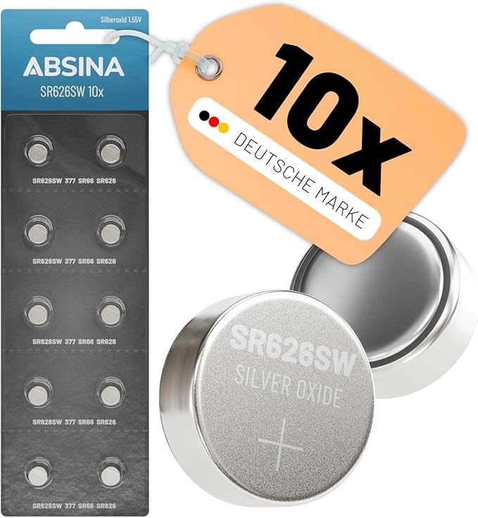 ABSINA SR626SW Uhrenbatterie 10er Pack 1,55V Silberoxid - Knopfzellen für Armbanduhren, medizinische Geräte & mehr