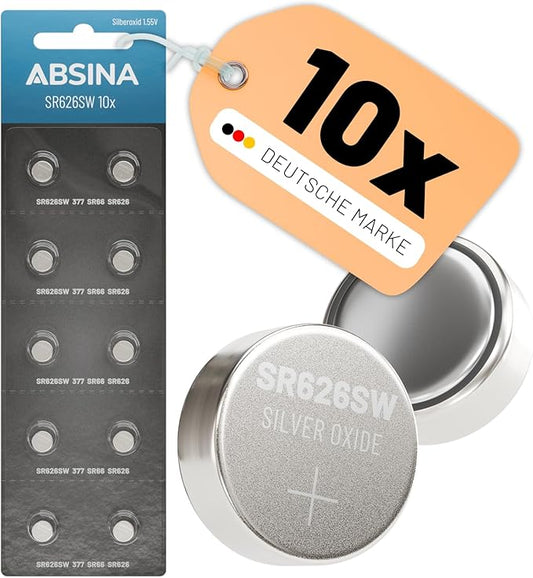 ABSINA SR626SW Uhrenbatterie 10er Pack 1,55V Silberoxid - Knopfzellen für Armbanduhren, medizinische Geräte & mehr