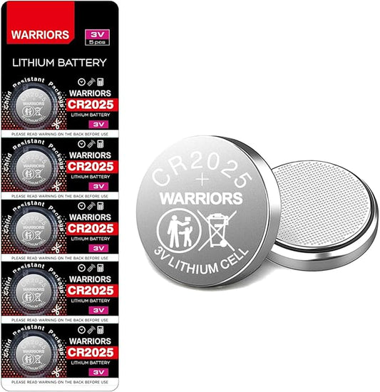 Warriors CR2025 Knopfzellen Batterien 5x 3V (2025) für Fernbedienungen, Uhren, Waagen & medizinische Geräte in kindersicherer Verpackung