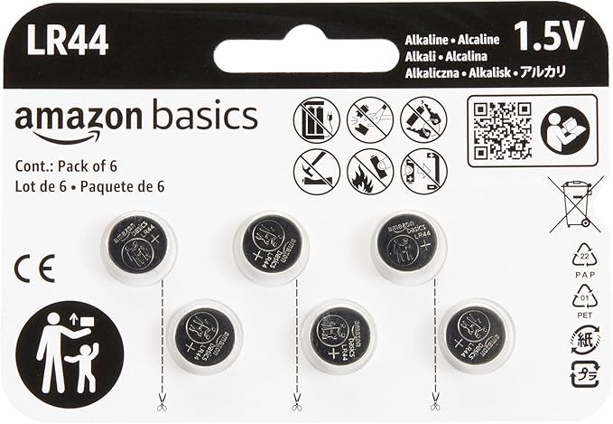 Amazon Basics LR44 Alkali-Knopfzellen 1,5V, 6 Stück, langanhaltend, quecksilberfrei für Uhren & Elektronik – LR44-6PK