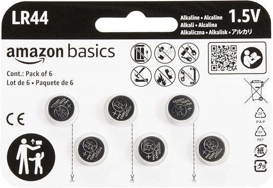 Amazon Basics LR44 Alkali-Knopfzellen 1,5V, 6 Stück, langanhaltend, quecksilberfrei für Uhren & Elektronik – LR44-6PK