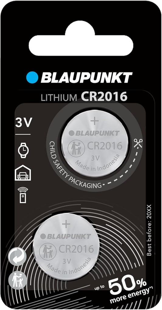 Blaupunkt Lithium Coin CR2016 Knopfzelle 2 Stück im Blister, bis 10 Jahre Haltbarkeit, für extreme Temperaturen – CR2016BL