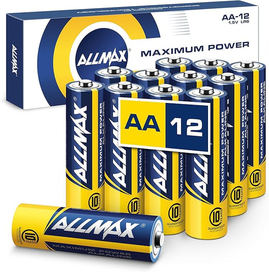 Allmax AA Mignon (LR6) Maximum Power Alkaline Double A Batterien (12 Stück) - Ultra-Langlebigkeit, 10 Jahre Haltbarkeit, auslaufsicher, 1,5 V
