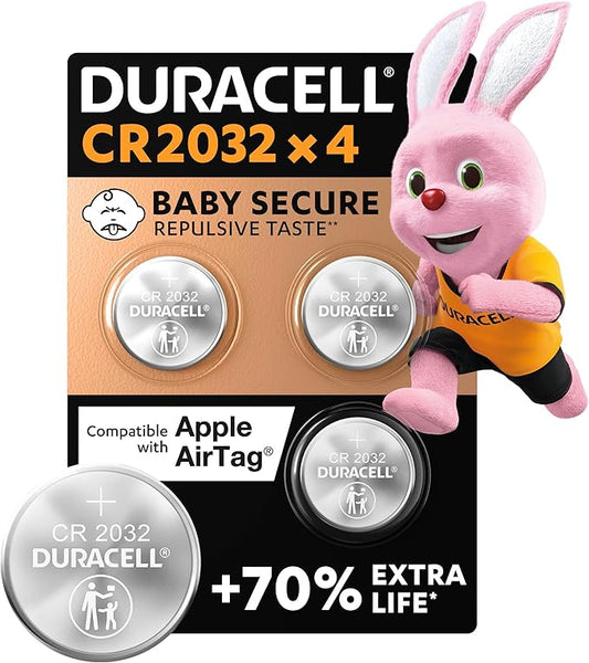 Duracell CR2032 Knopfzellen 4er Pack Lithium 3V mit 10 Jahre Lagerung, Baby-Secure-Technologie – 2017