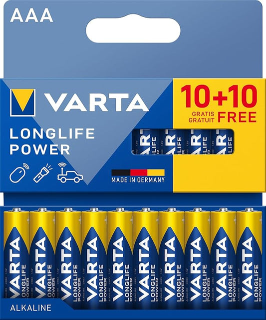 VARTA AAA Batterien 20 Stück, Longlife Power Alkaline 1,5V, ideal für Spielzeug, Funkmaus, Taschenlampen, Made in Germany – 4903121790