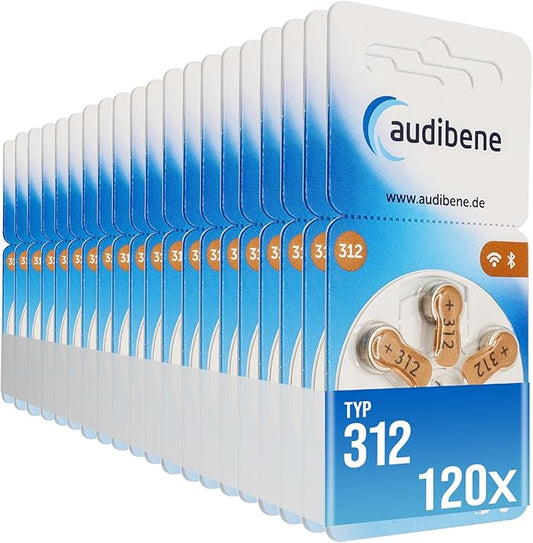 audibene Hörgerätebatterien Typ 312 braun, 120 Stück Made in Germany, inkl. Reinigungstuch, quecksilberfrei – GRATIS