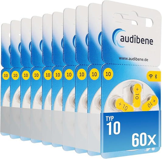 audibene Hörgerätebatterien Typ 10 gelb, 60 Stück Made in Germany, inkl. Reinigungstuch, quecksilberfrei – GRATIS