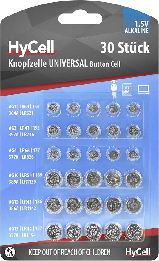 Ansmann HyCell Alkaline Knopfzellen Set AG1, AG3, AG4, AG10, AG12, AG13, 1,5V, 30 Stück für Uhren, Spielzeug & Fernbedienung – 2012