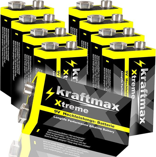 kraftmax 9V Blockbatterie 6LR61 8er Pack Xtreme Hochleistung für Rauchmelder, Alarmanlagen & medizinische Geräte mit maximaler Lebensdauer