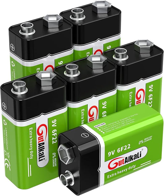 GutAlkaLi 9V Blockbatterien 6F22, 6 Stück Longlife Power für Rauchmelder, Garagentoröffner & Spielzeug
